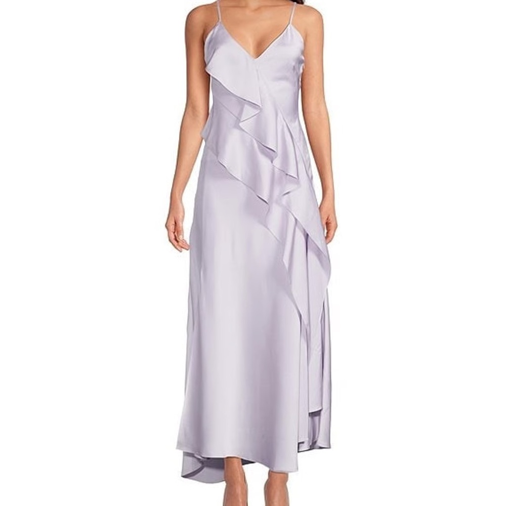 Gianni Bini Quinn Ruffle Draped V-Neck Sleeveless Satin Dress Women’s